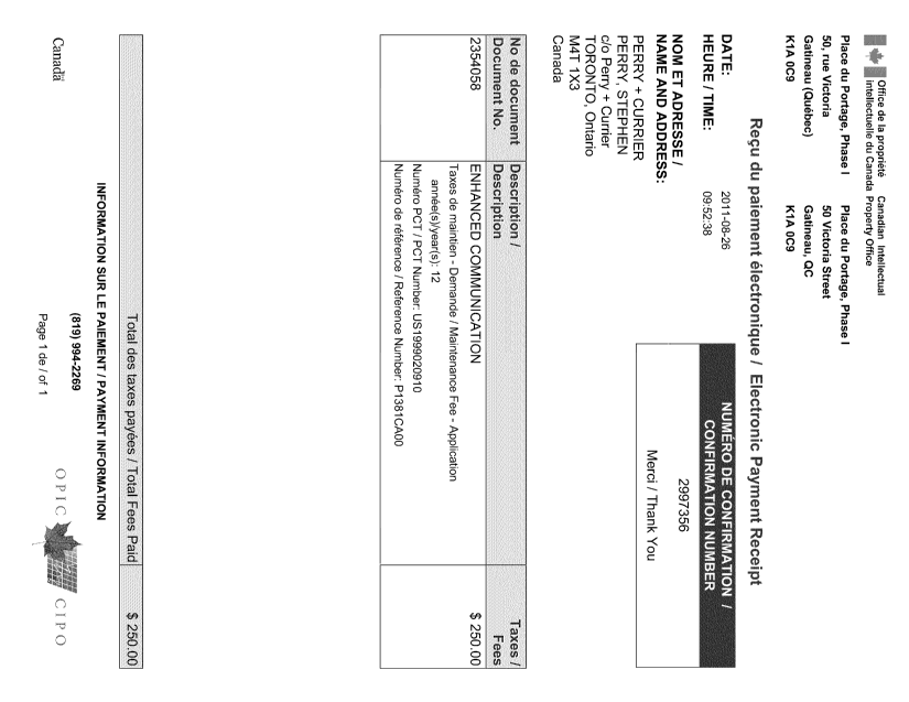 Document de brevet canadien 2354058. Taxes 20110826. Image 1 de 1