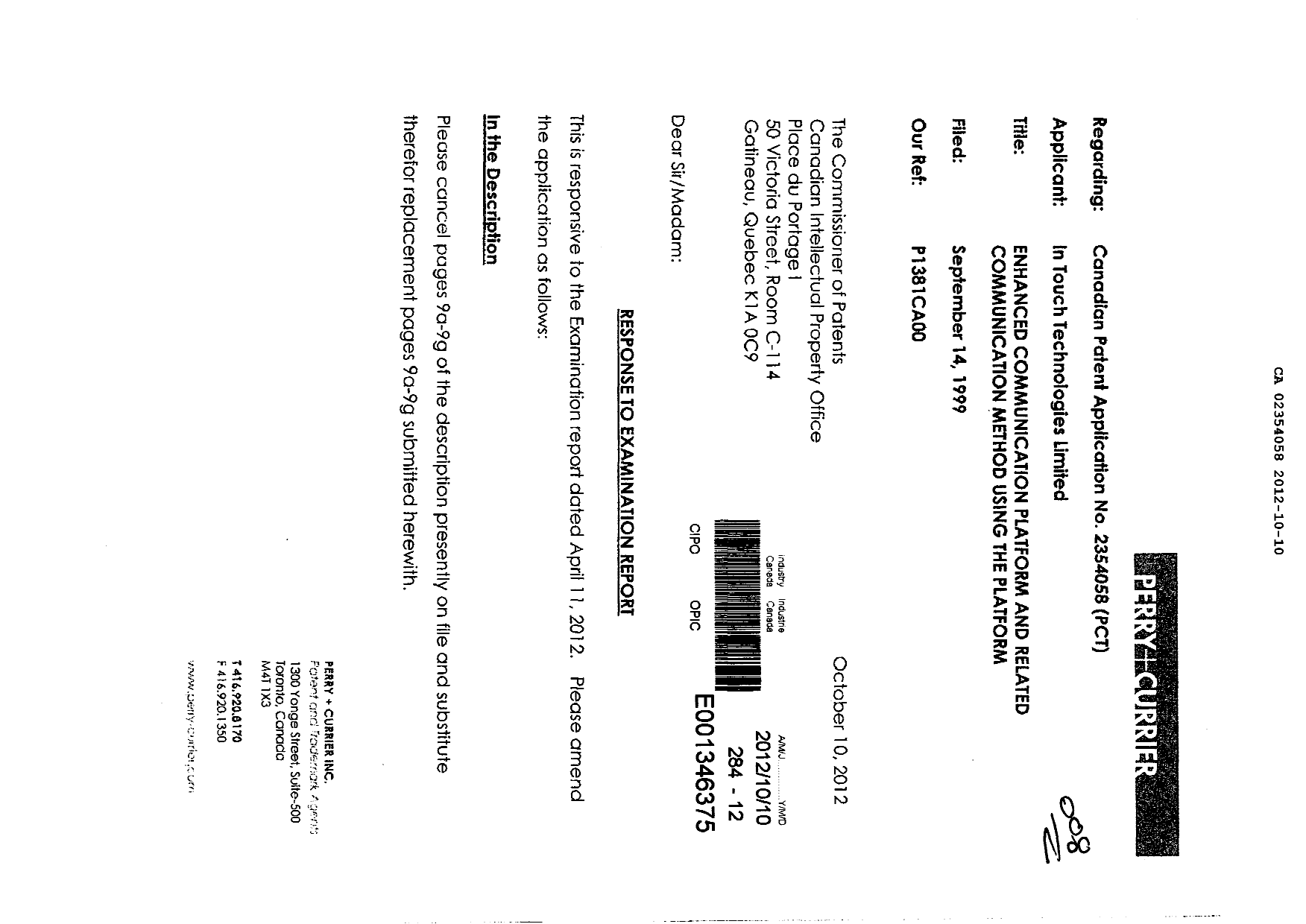 Canadian Patent Document 2354058. Prosecution-Amendment 20121010. Image 1 of 23