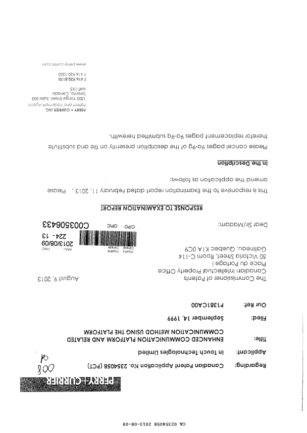 Canadian Patent Document 2354058. Prosecution-Amendment 20130809. Image 1 of 45
