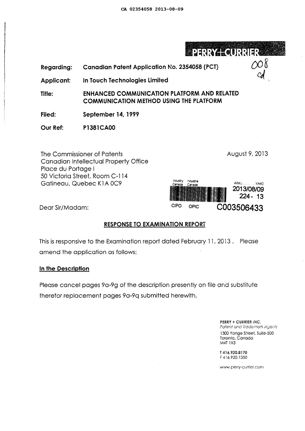 Document de brevet canadien 2354058. Poursuite-Amendment 20130809. Image 1 de 45