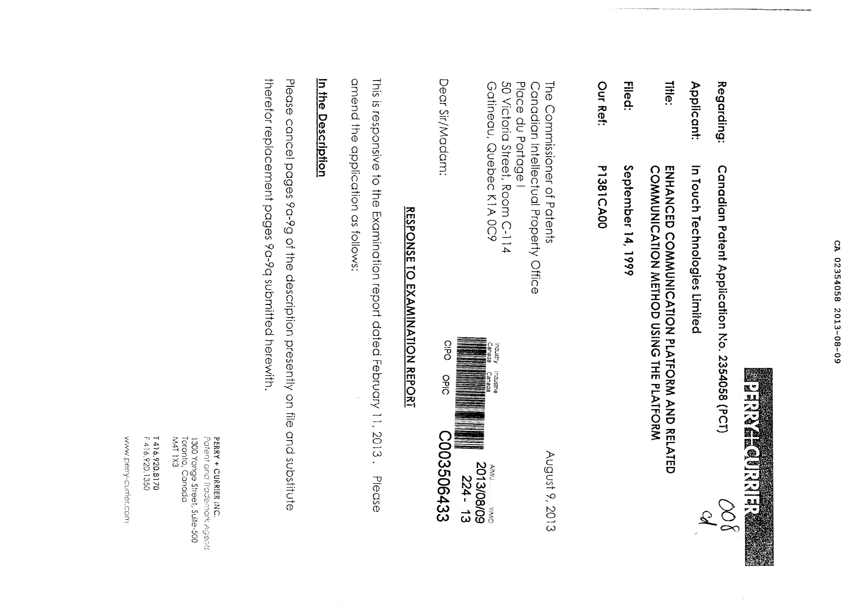Canadian Patent Document 2354058. Prosecution-Amendment 20130809. Image 1 of 45