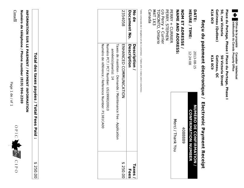 Document de brevet canadien 2354058. Taxes 20130815. Image 1 de 1