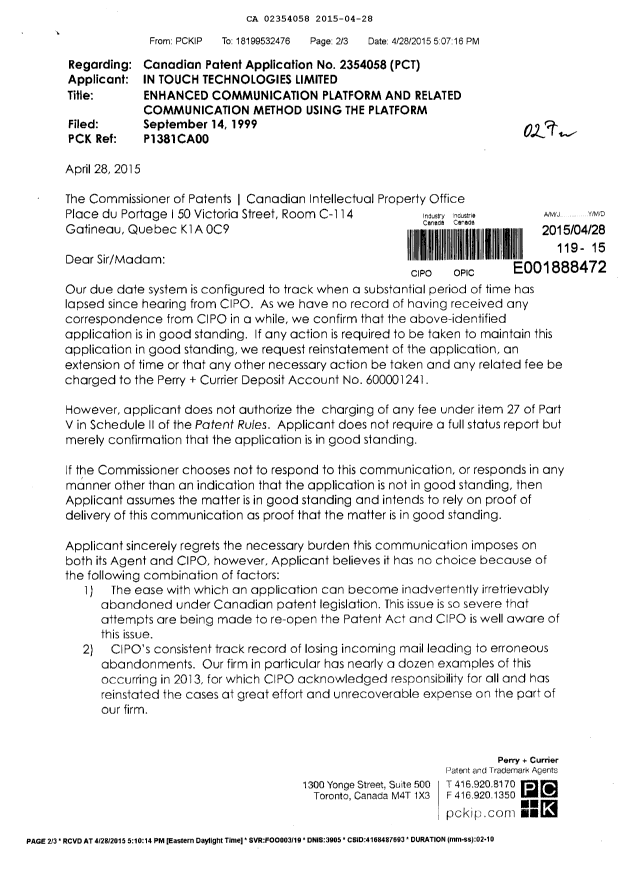 Canadian Patent Document 2354058. Prosecution-Amendment 20150428. Image 1 of 3