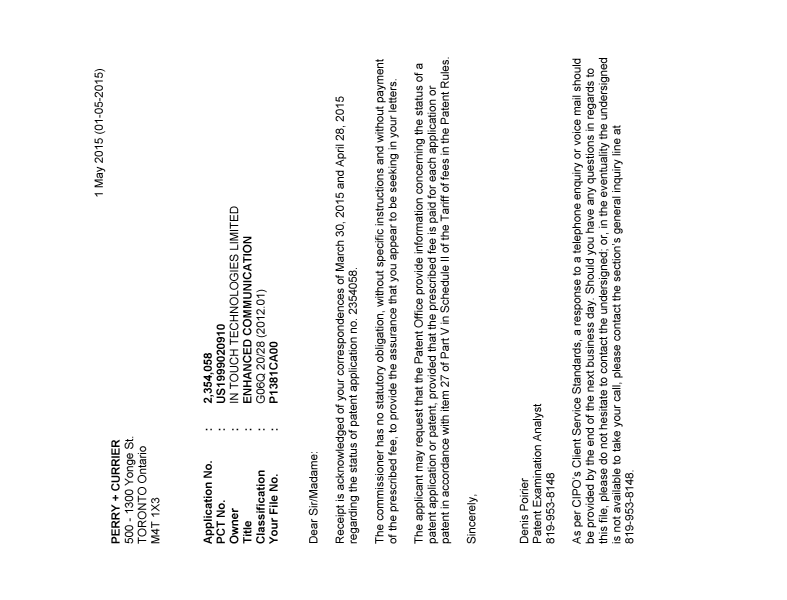 Canadian Patent Document 2354058. Correspondence 20150501. Image 1 of 1
