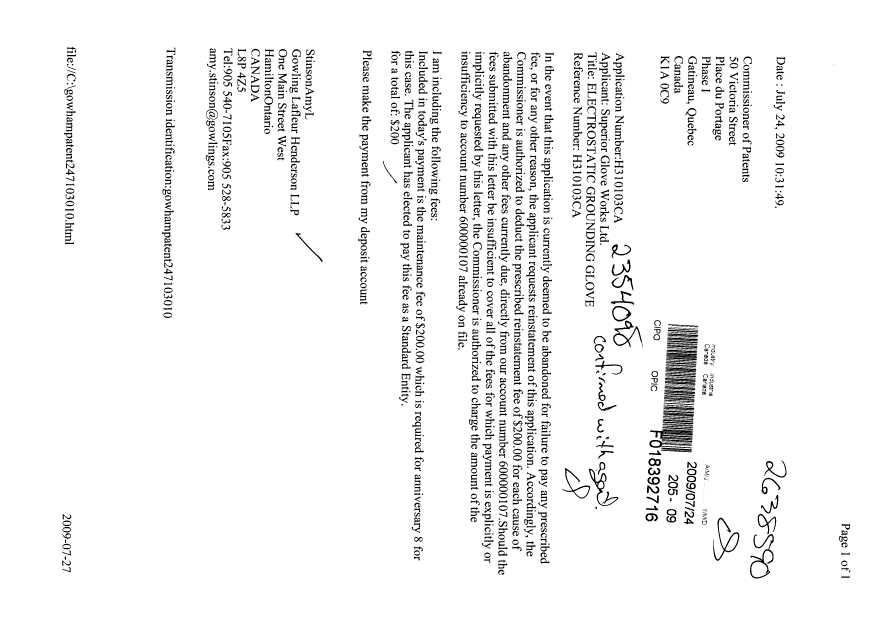 Document de brevet canadien 2354098. Taxes 20090724. Image 1 de 1