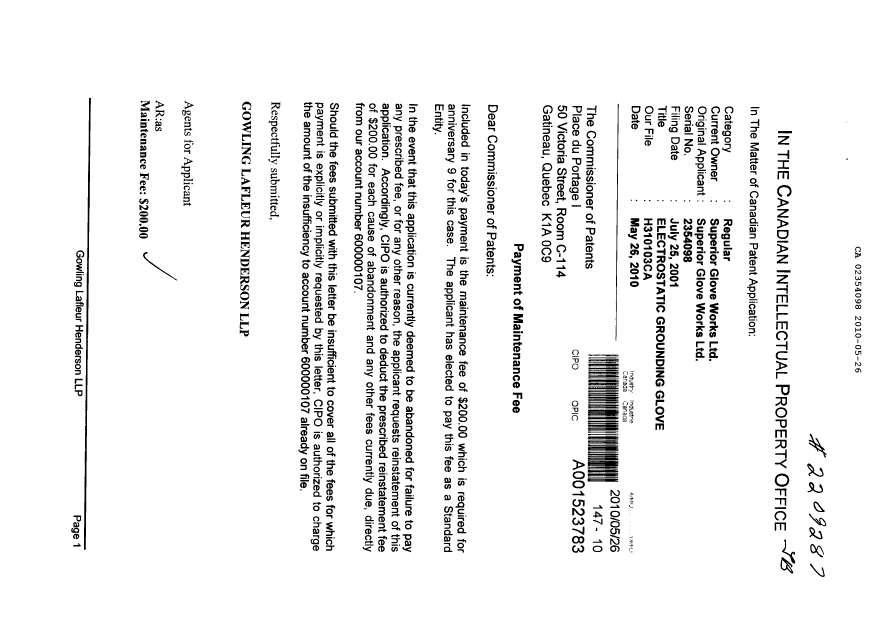 Document de brevet canadien 2354098. Taxes 20100526. Image 1 de 1