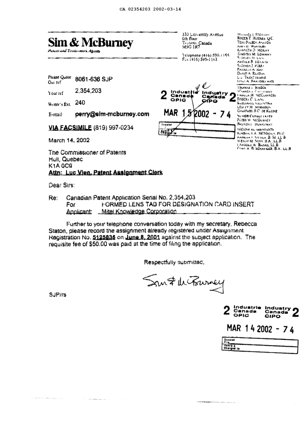 Document de brevet canadien 2354203. Cession 20020314. Image 1 de 1