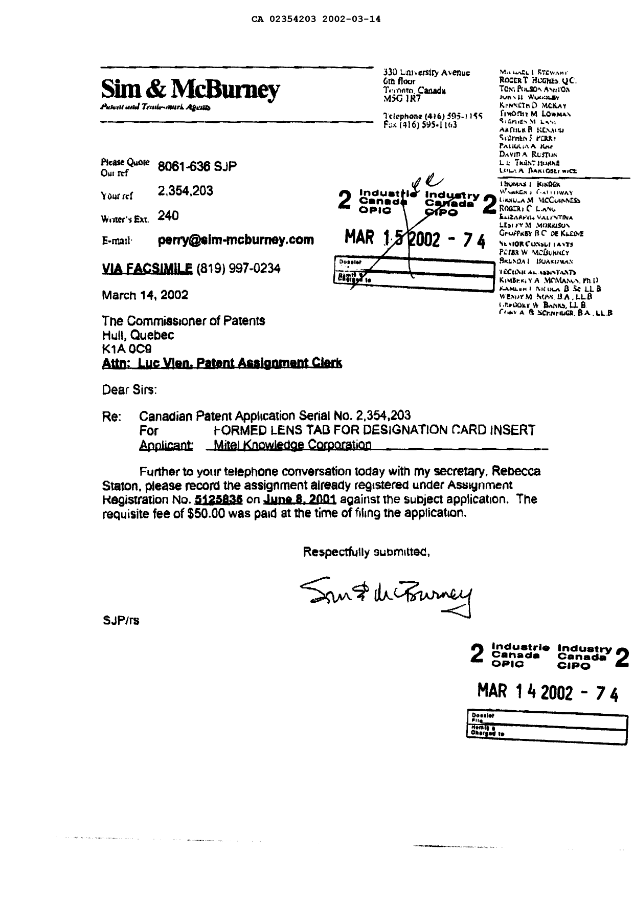 Canadian Patent Document 2354203. Assignment 20020314. Image 1 of 1