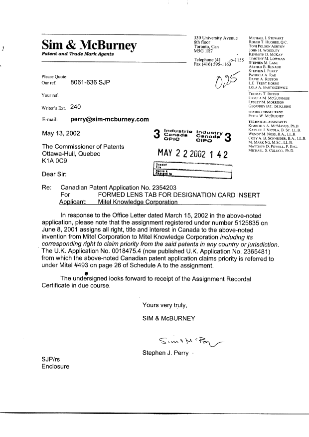 Document de brevet canadien 2354203. Cession 20020522. Image 1 de 1