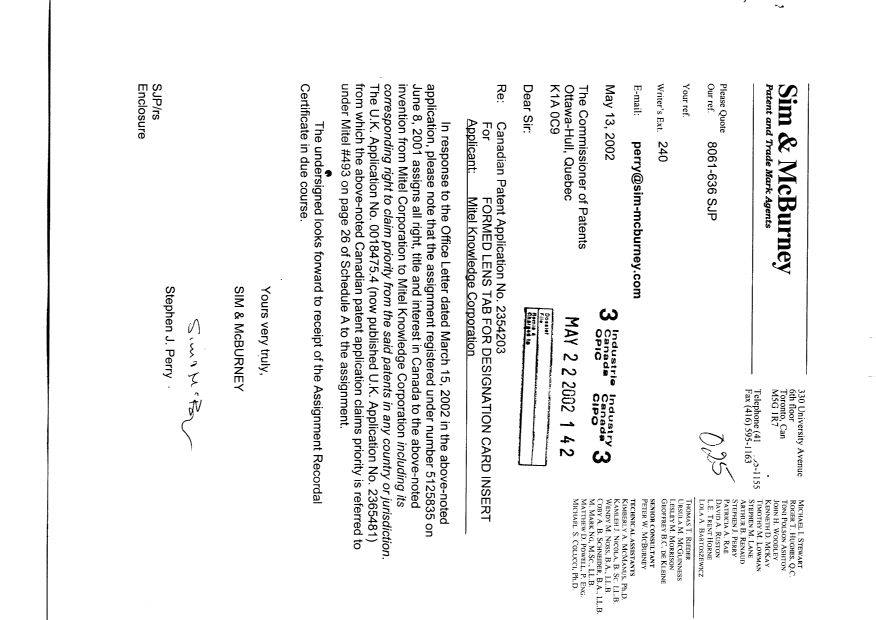 Canadian Patent Document 2354203. Assignment 20020522. Image 1 of 1