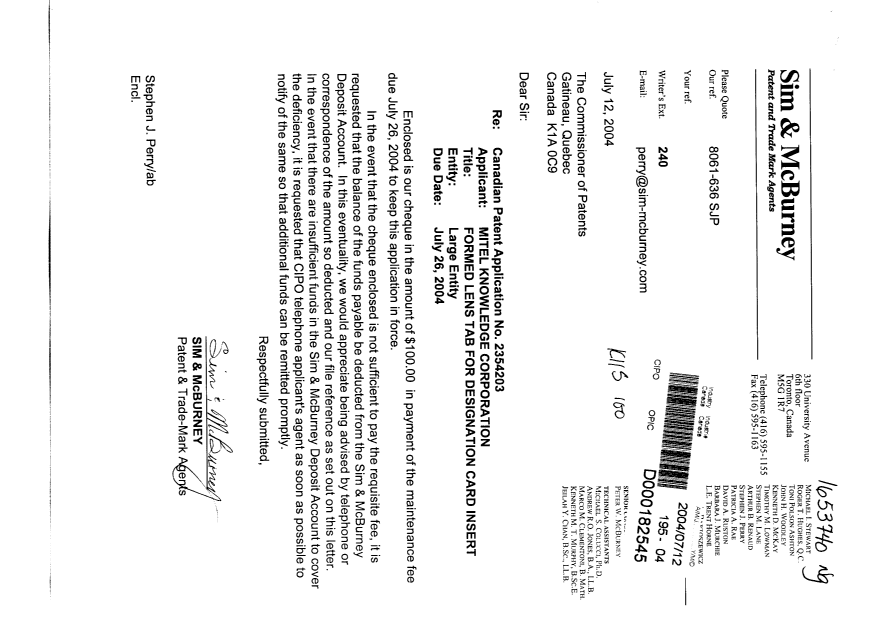 Document de brevet canadien 2354203. Taxes 20040712. Image 1 de 1