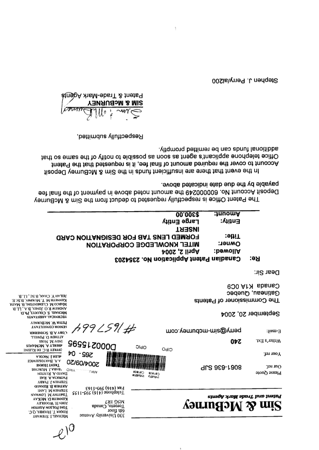 Canadian Patent Document 2354203. Correspondence 20040920. Image 1 of 1
