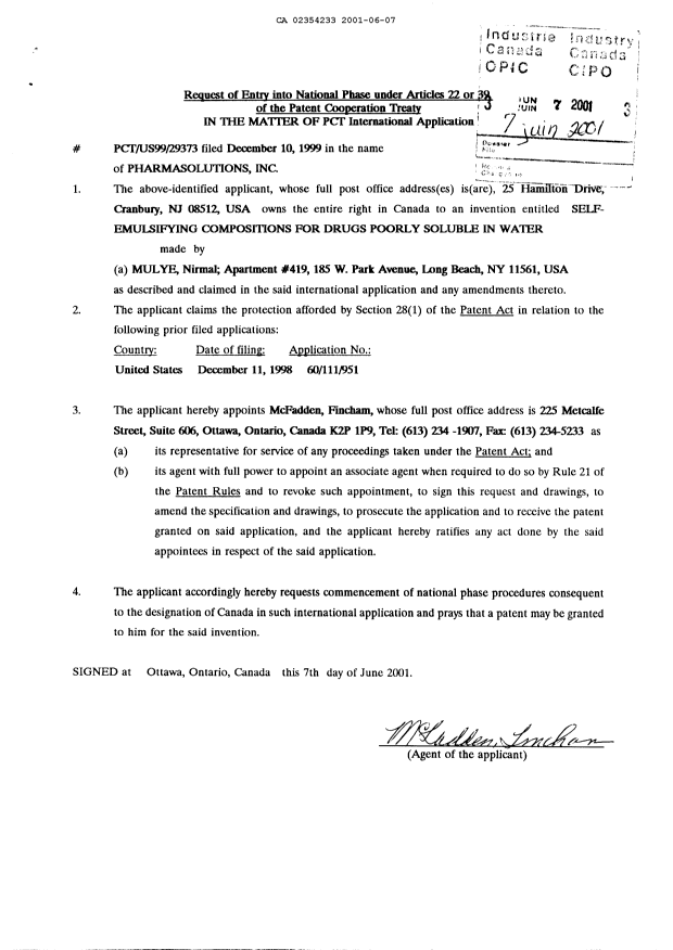 Document de brevet canadien 2354233. Cession 20010607. Image 3 de 3
