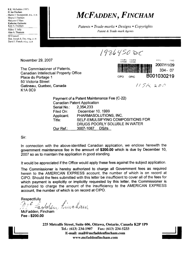 Document de brevet canadien 2354233. Taxes 20071129. Image 1 de 1