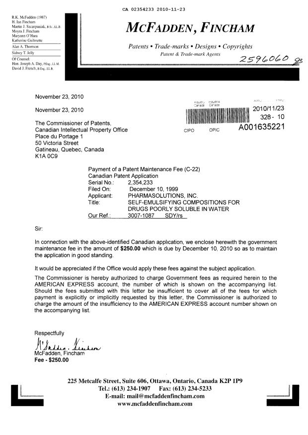 Document de brevet canadien 2354233. Taxes 20101123. Image 1 de 1