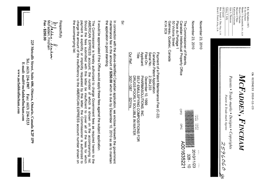 Document de brevet canadien 2354233. Taxes 20101123. Image 1 de 1