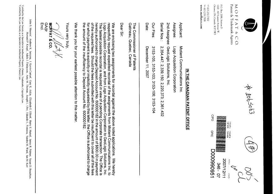 Document de brevet canadien 2354447. Cession 20071211. Image 1 de 10