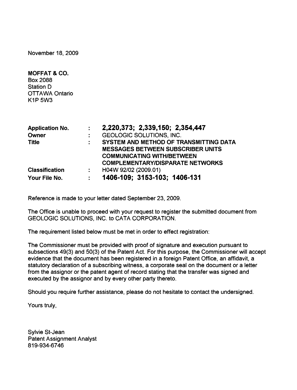 Document de brevet canadien 2354447. Correspondance 20091118. Image 1 de 1