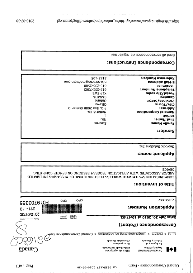 Canadian Patent Document 2354447. Fees 20100730. Image 1 of 7