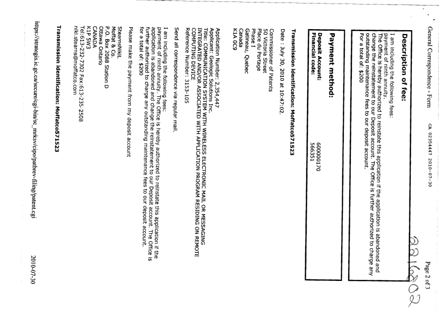 Canadian Patent Document 2354447. Fees 20100730. Image 2 of 7