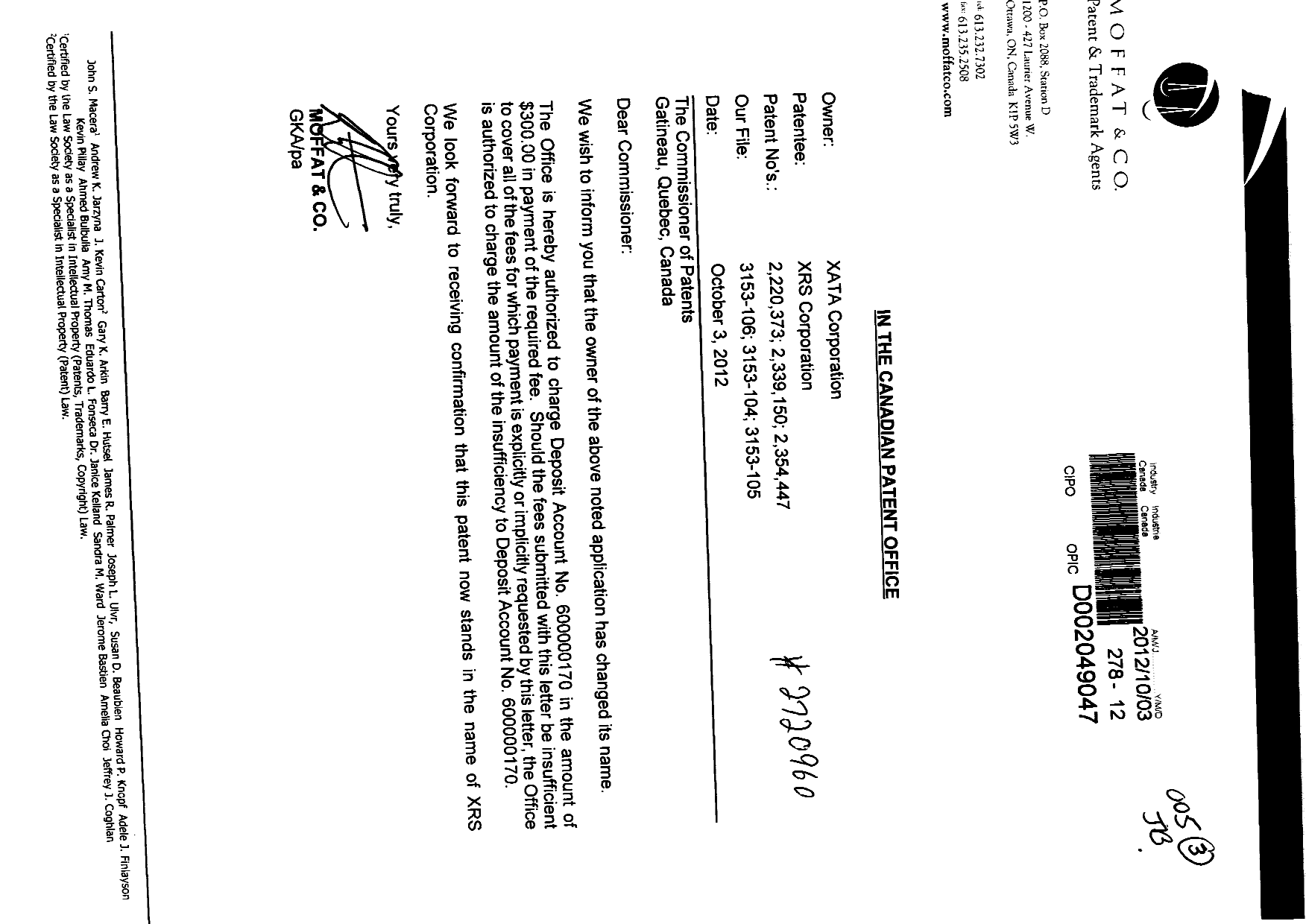 Document de brevet canadien 2354447. Cession 20121003. Image 1 de 2