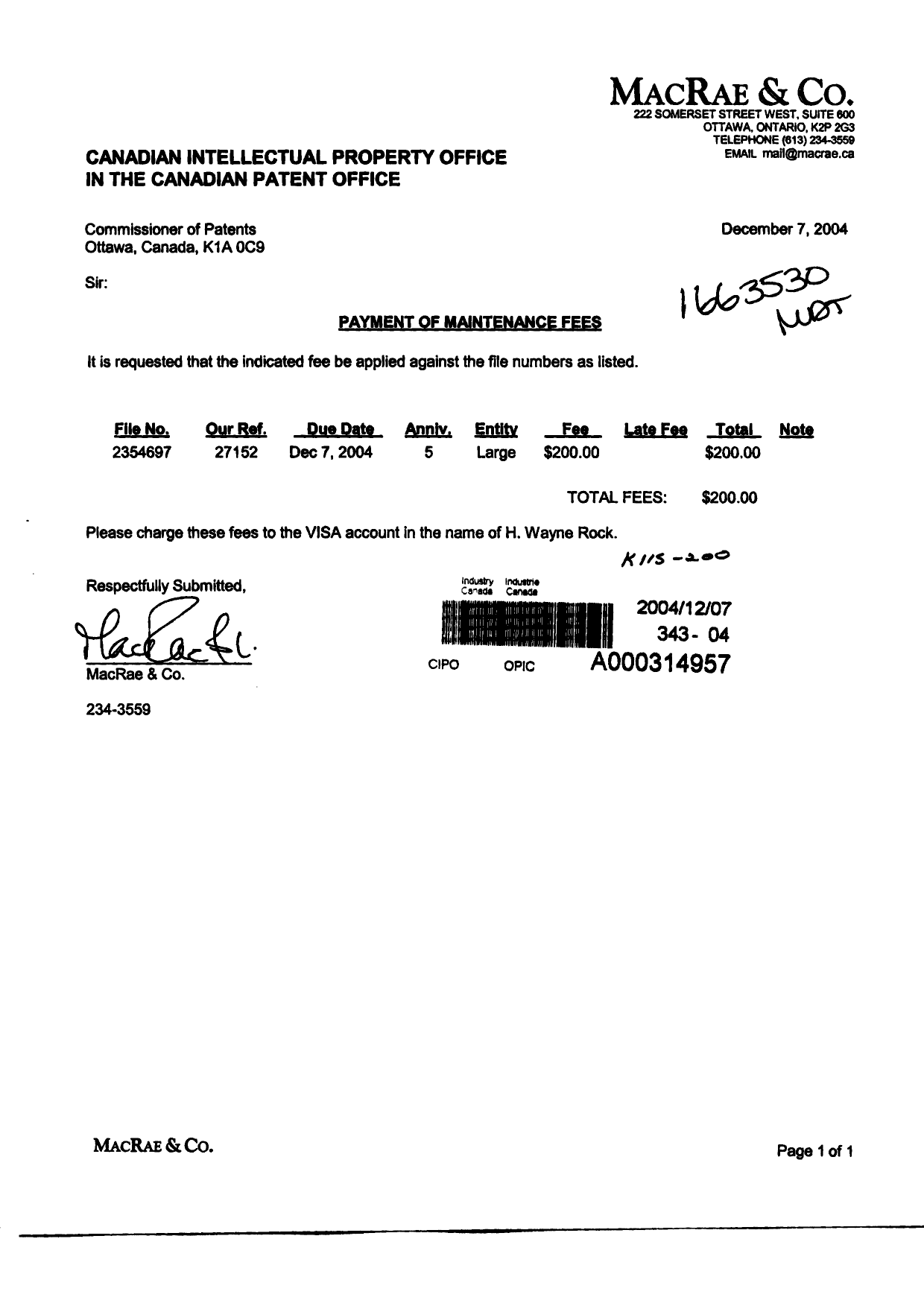 Document de brevet canadien 2354697. Taxes 20041207. Image 1 de 1