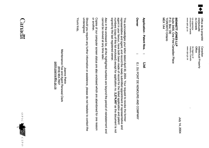 Document de brevet canadien 2354792. Correspondance 20040714. Image 1 de 1