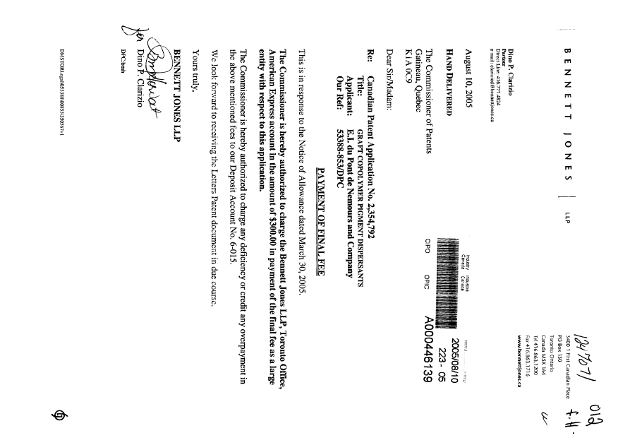 Document de brevet canadien 2354792. Correspondance 20050810. Image 1 de 1