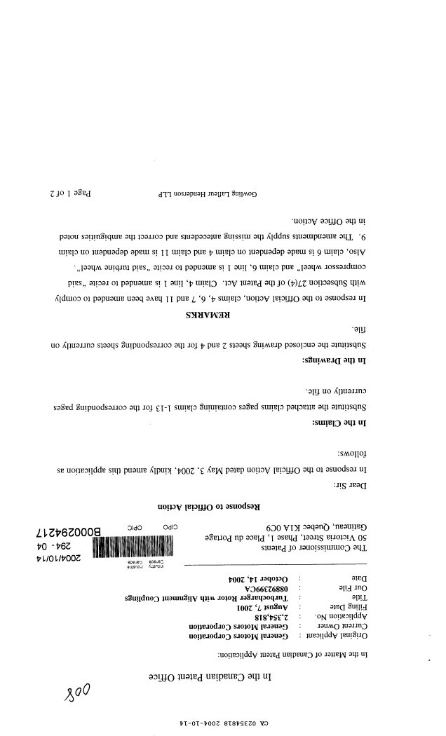 Canadian Patent Document 2354818. Prosecution-Amendment 20041014. Image 1 of 6