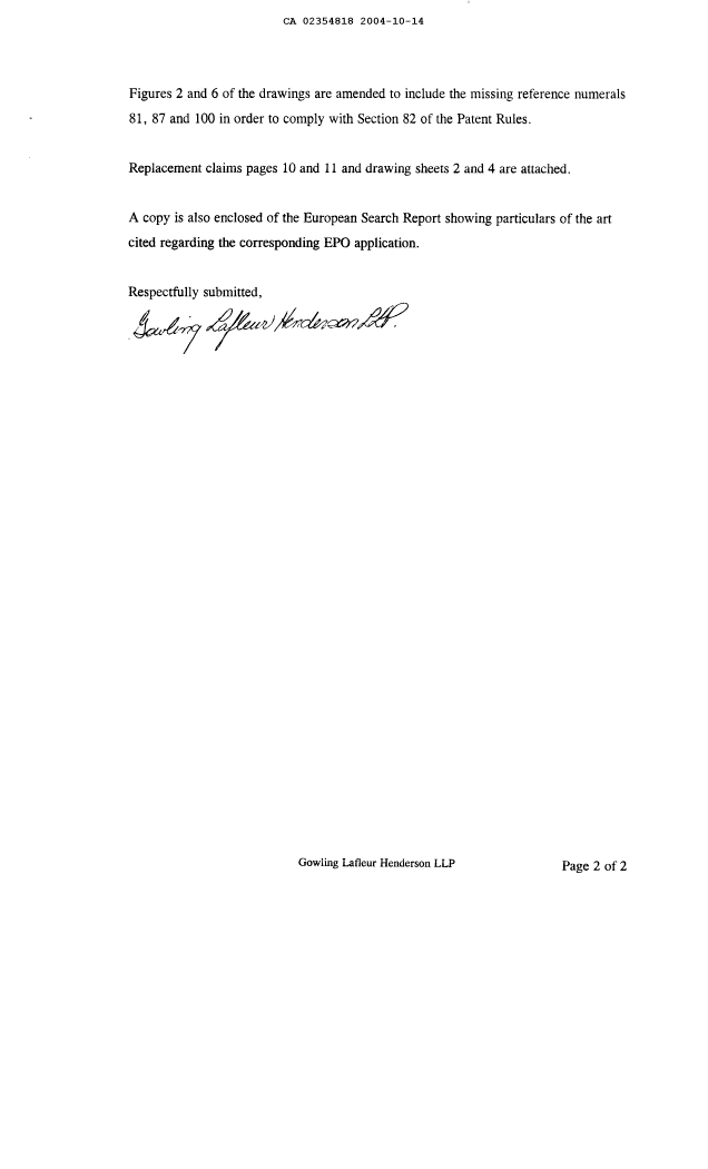 Document de brevet canadien 2354818. Poursuite-Amendment 20041014. Image 2 de 6