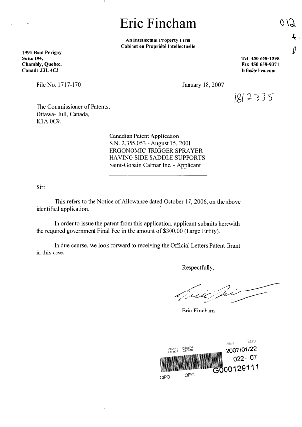 Document de brevet canadien 2355053. Correspondance 20070122. Image 1 de 1