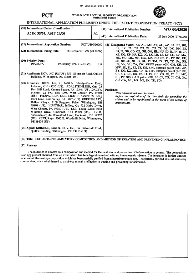 Document de brevet canadien 2355168. Abrégé 20010613. Image 1 de 1