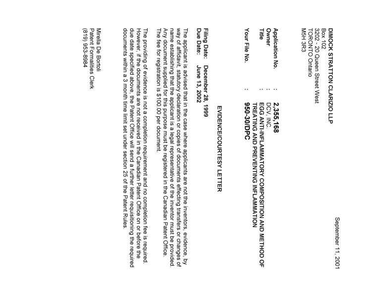 Canadian Patent Document 2355168. Correspondence 20010905. Image 1 of 1