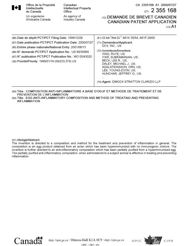 Document de brevet canadien 2355168. Page couverture 20011011. Image 1 de 2