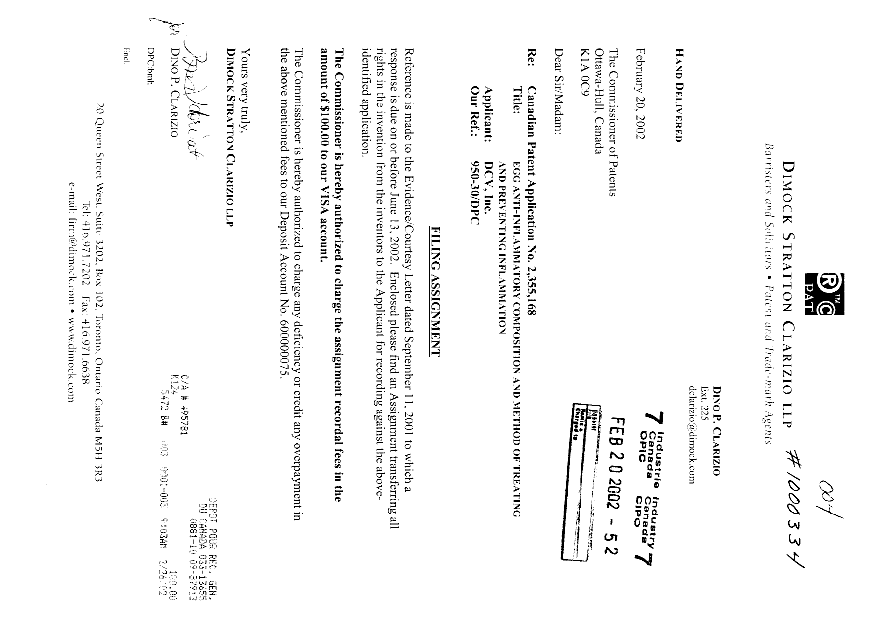 Canadian Patent Document 2355168. Assignment 20020220. Image 1 of 8