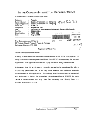 Document de brevet canadien 2356135. Correspondance 20081205. Image 1 de 2