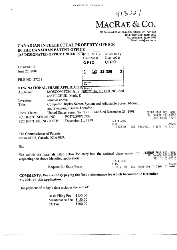 Document de brevet canadien 2356353. Cession 20010622. Image 1 de 4