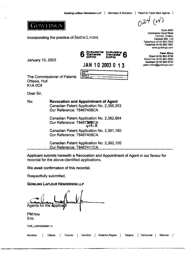Canadian Patent Document 2356353. Correspondence 20030110. Image 1 of 3