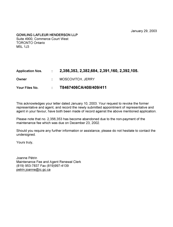 Canadian Patent Document 2356353. Correspondence 20030129. Image 1 of 1