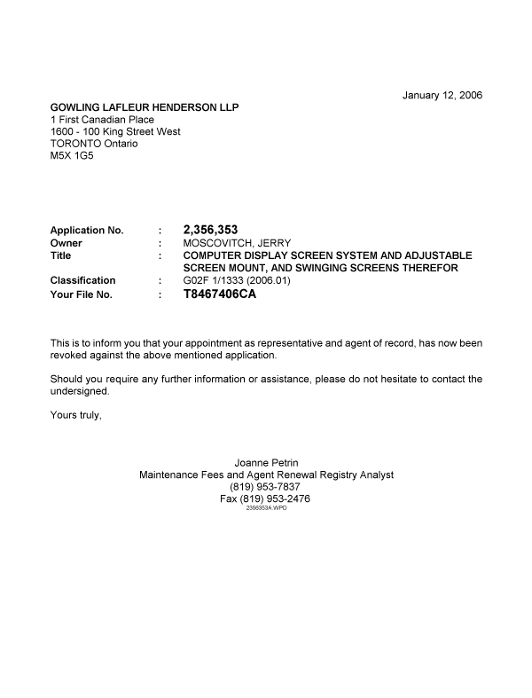 Canadian Patent Document 2356353. Correspondence 20060112. Image 1 of 1