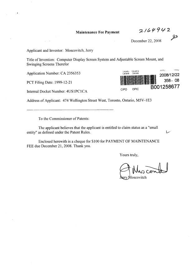 Document de brevet canadien 2356353. Taxes 20081222. Image 1 de 1