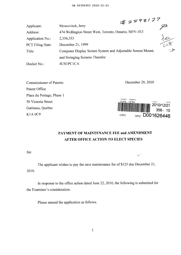 Document de brevet canadien 2356353. Poursuite-Amendment 20101221. Image 1 de 3