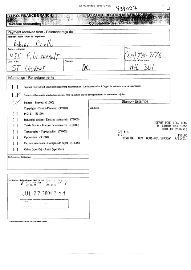 Document de brevet canadien 2356428. Cession 20010727. Image 1 de 2