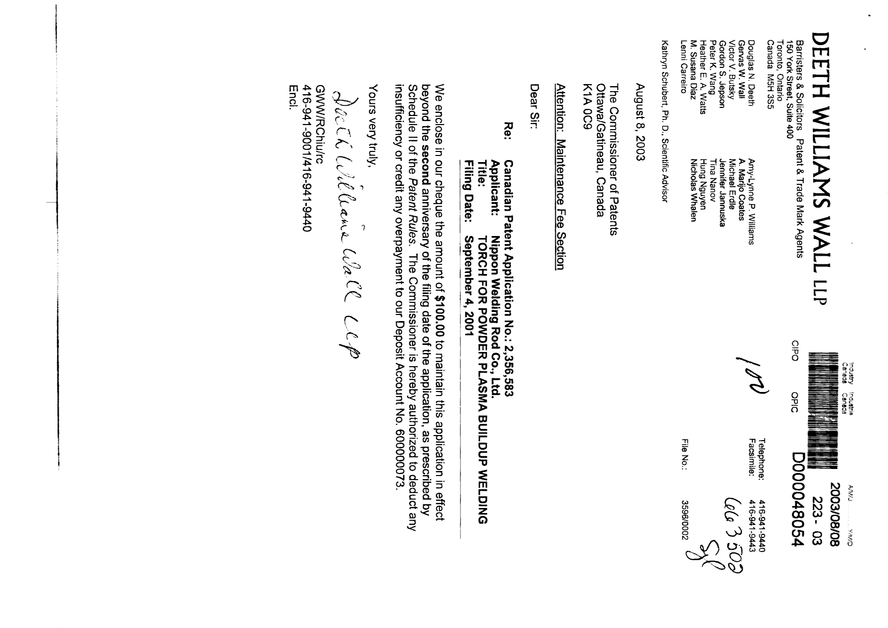 Canadian Patent Document 2356583. Fees 20030808. Image 1 of 1