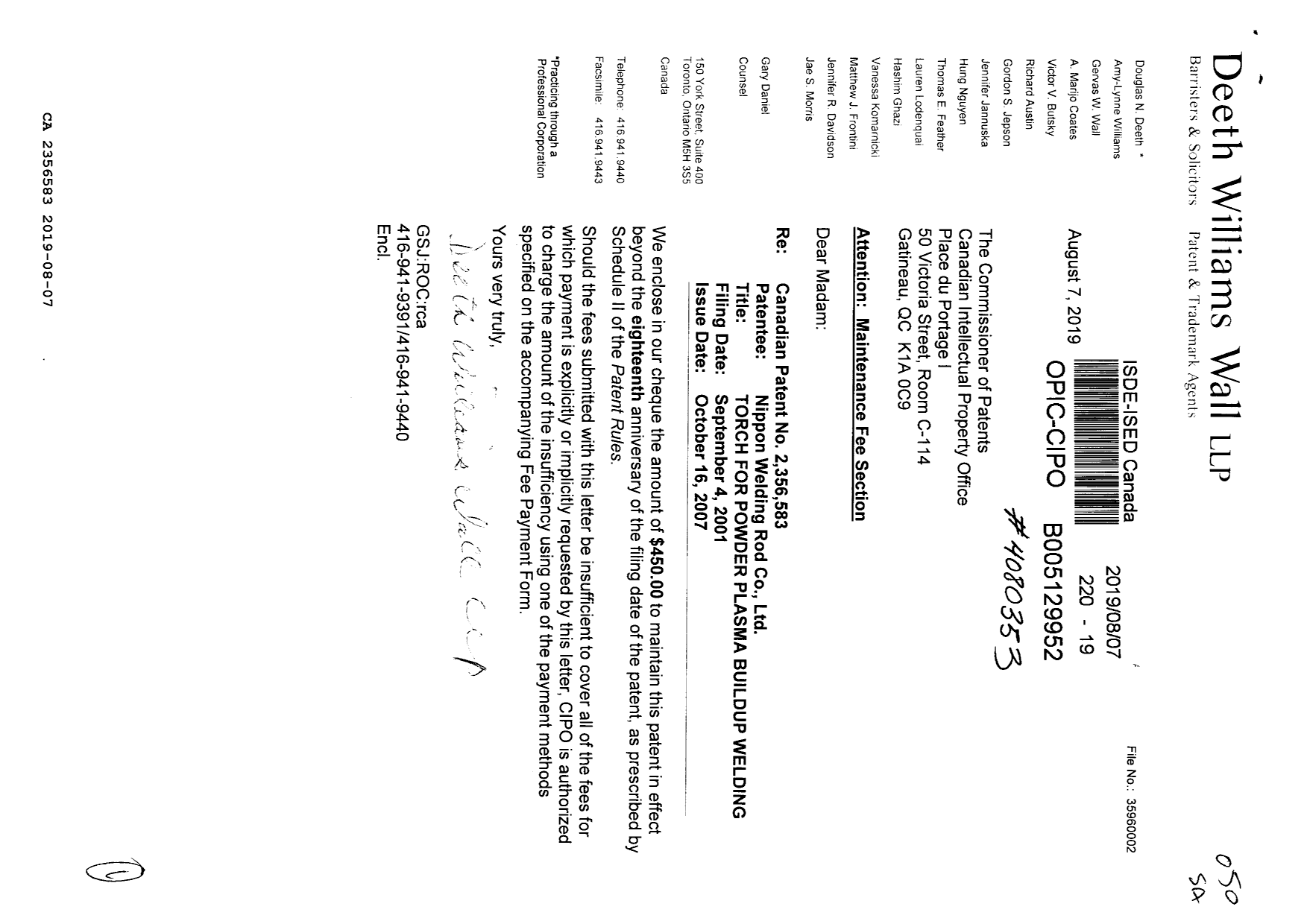 Canadian Patent Document 2356583. Maintenance Fee Payment 20190807. Image 1 of 1