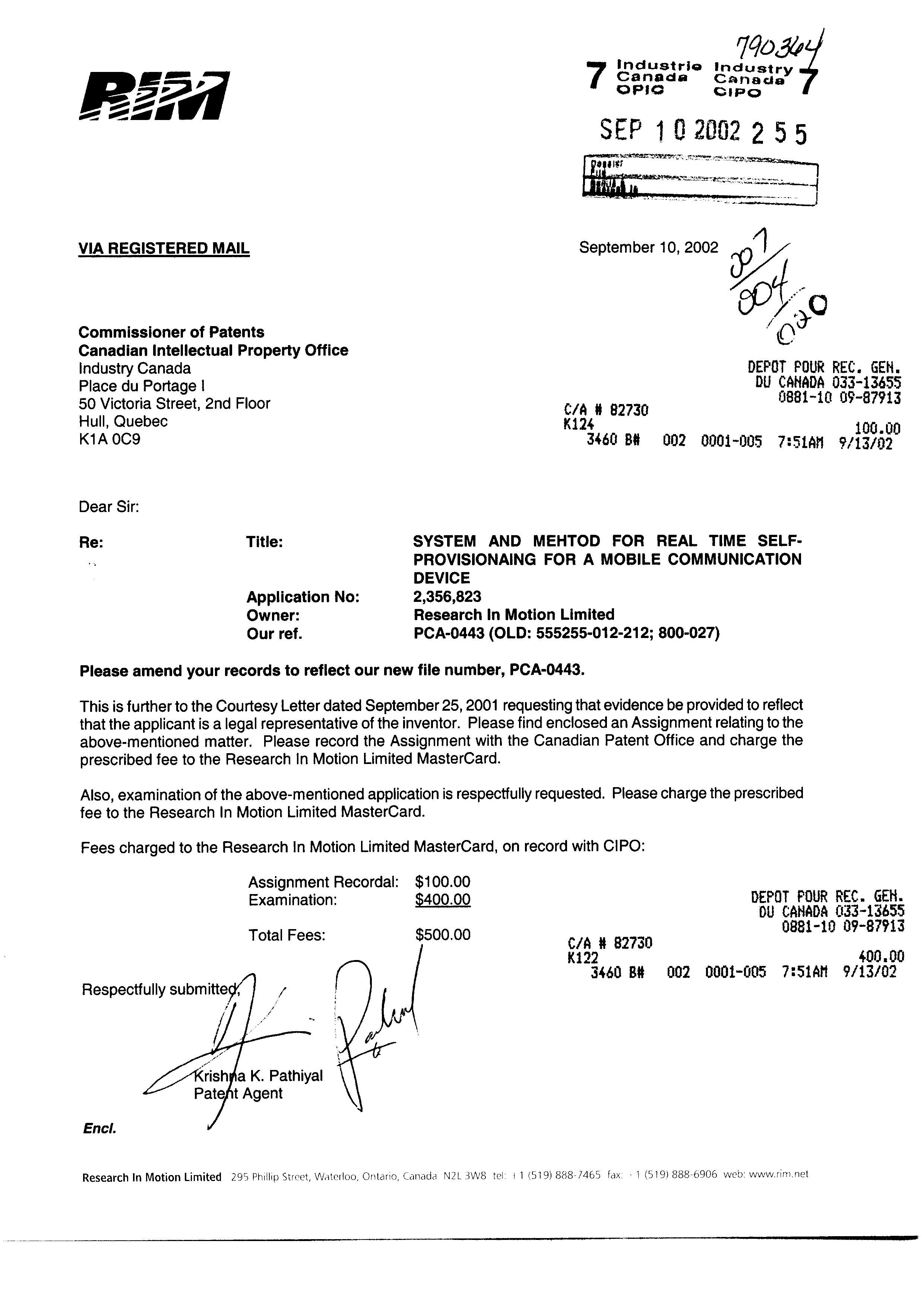 Canadian Patent Document 2356823. Assignment 20020910. Image 1 of 4
