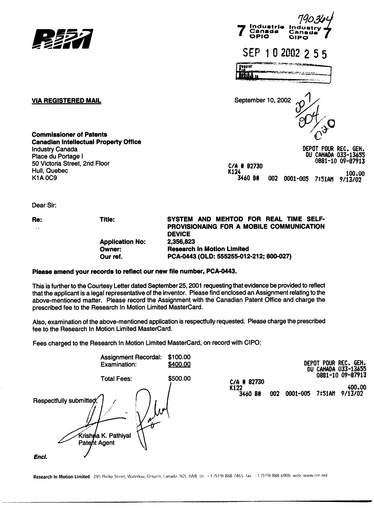 Document de brevet canadien 2356823. Cession 20020910. Image 1 de 4