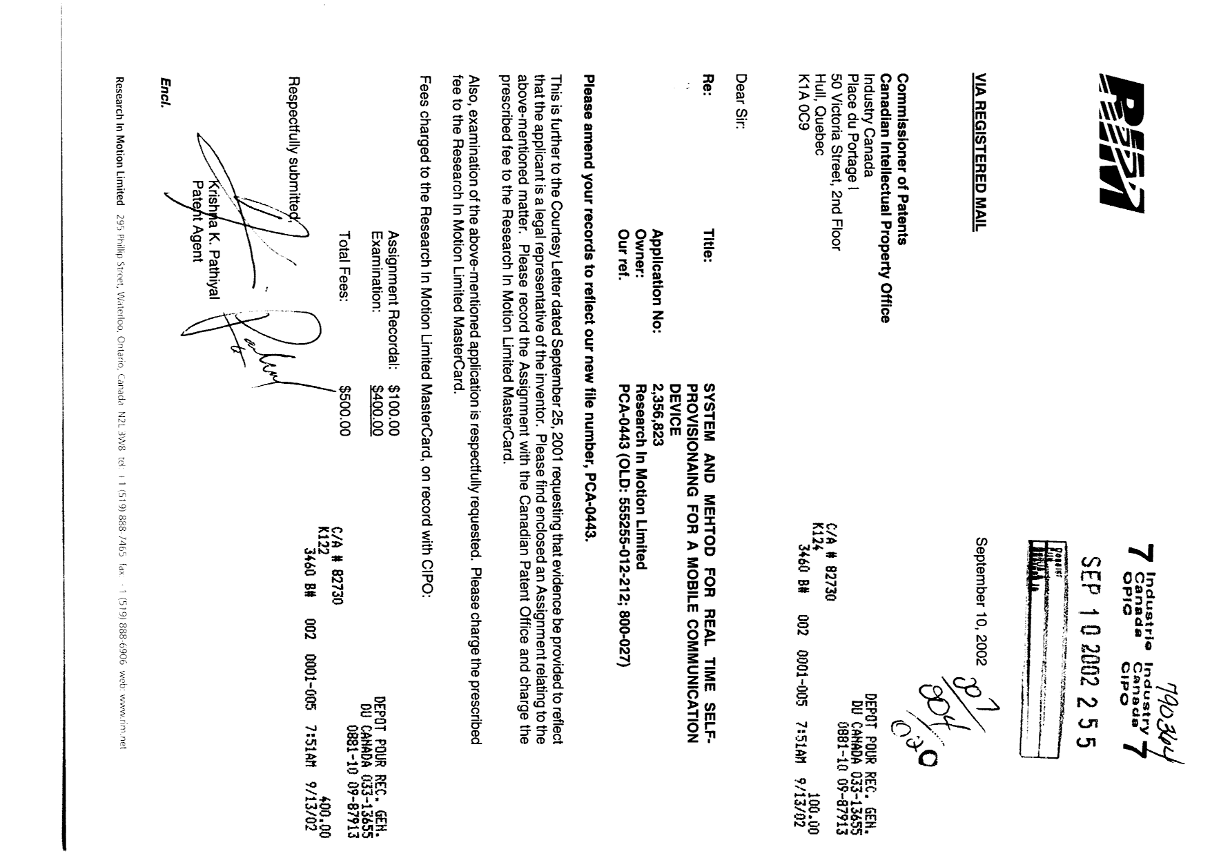Canadian Patent Document 2356823. Assignment 20020910. Image 1 of 4