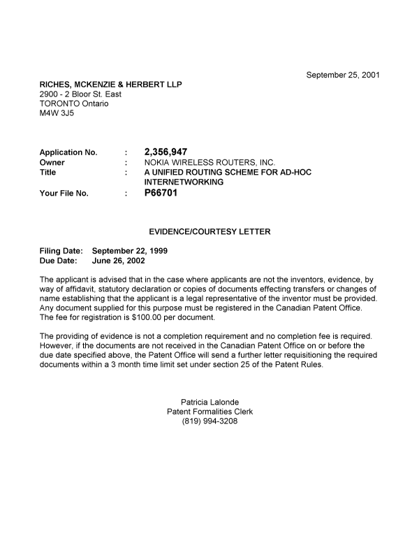Document de brevet canadien 2356947. Correspondance 20010921. Image 1 de 1