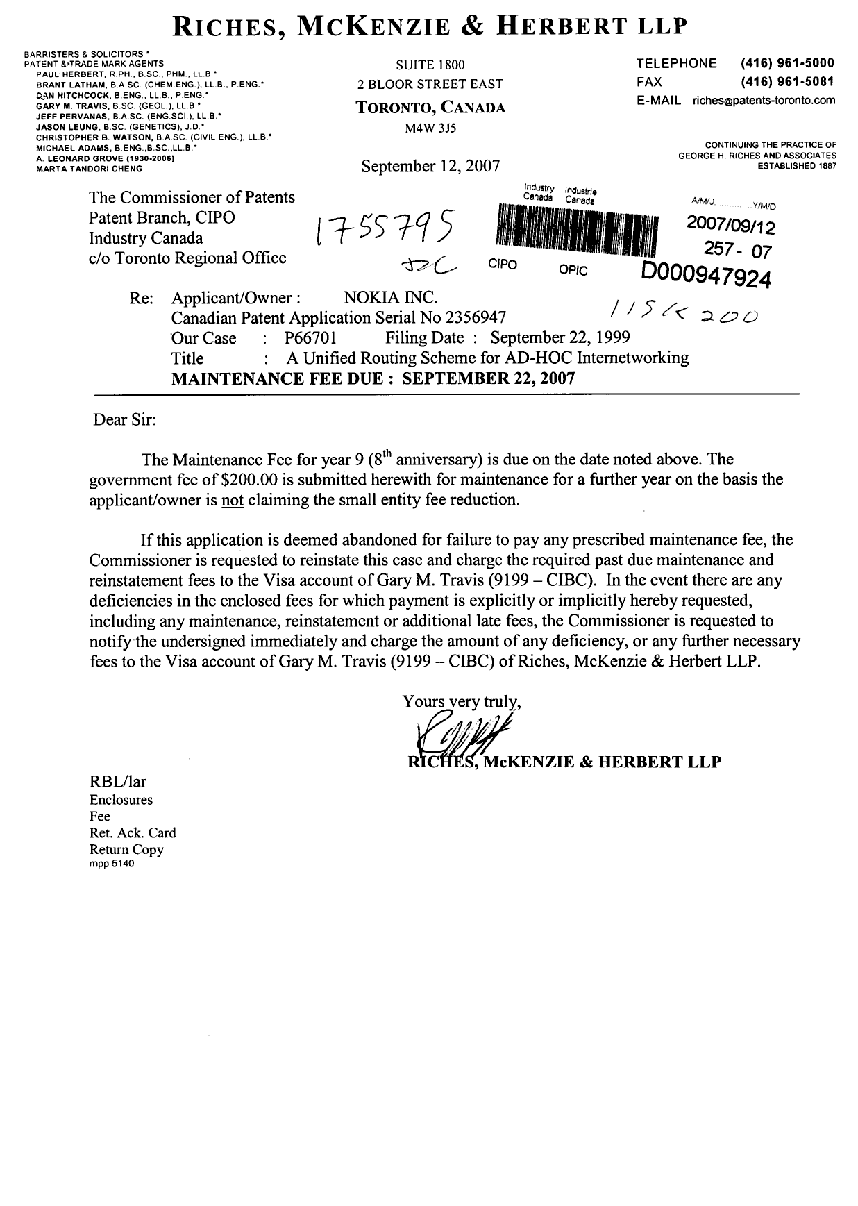 Document de brevet canadien 2356947. Taxes 20070912. Image 1 de 1